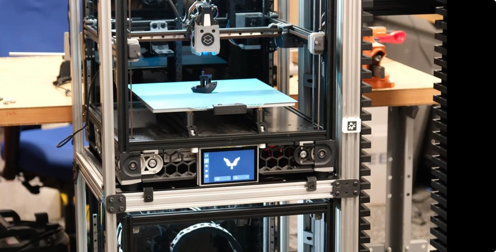 WorkCell gantry and print head, with an AprilTag used for closed-loop vision calibration